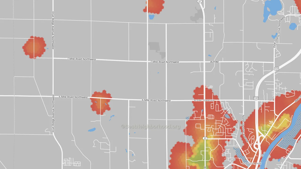 Walk Grade map of Alpine, MI, walkable areas in green and car-dependent areas in red