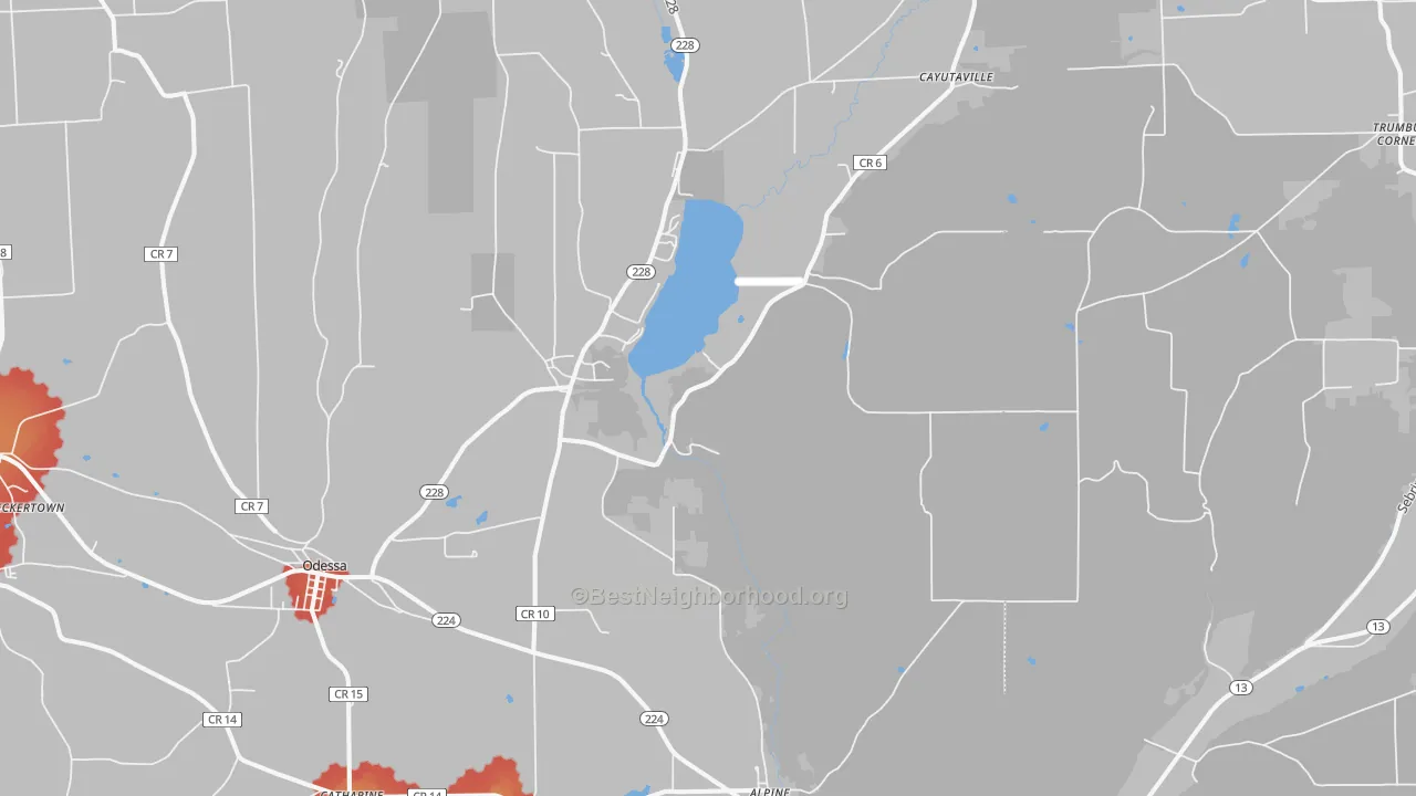 Walk Grade map of Alpine, NY, walkable areas in green and car-dependent areas in red