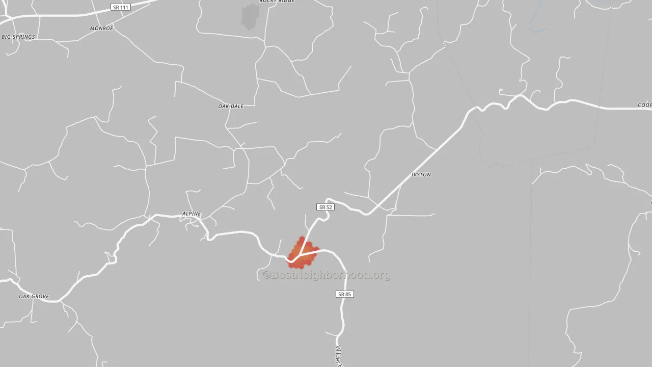 Walk Grade map of Alpine, TN, walkable areas in green and car-dependent areas in red