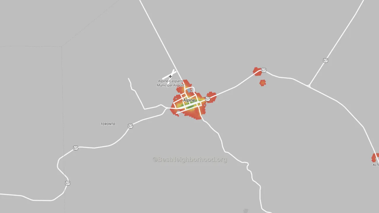 Walk Grade map of Alpine, TX, walkable areas in green and car-dependent areas in red