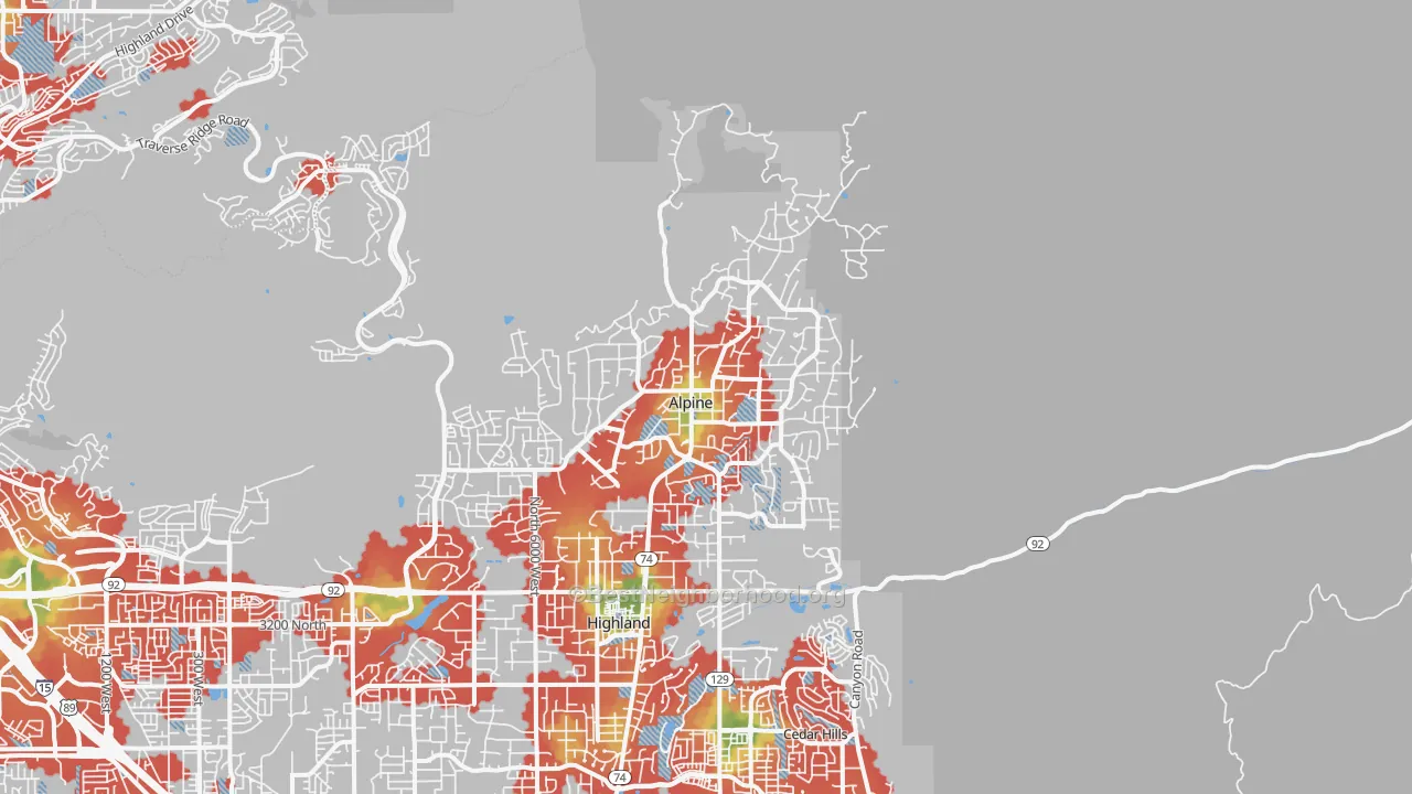 Walk Grade map of Alpine, UT, walkable areas in green and car-dependent areas in red