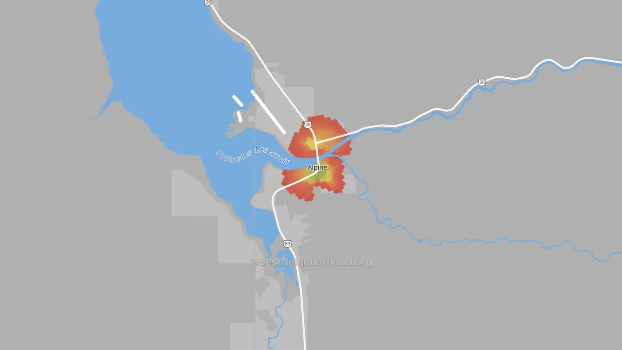 Walk Grade map of Alpine, WY, walkable areas in green and car-dependent areas in red