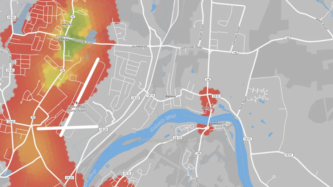 Walk Grade map of Alplaus, NY, walkable areas in green and car-dependent areas in red