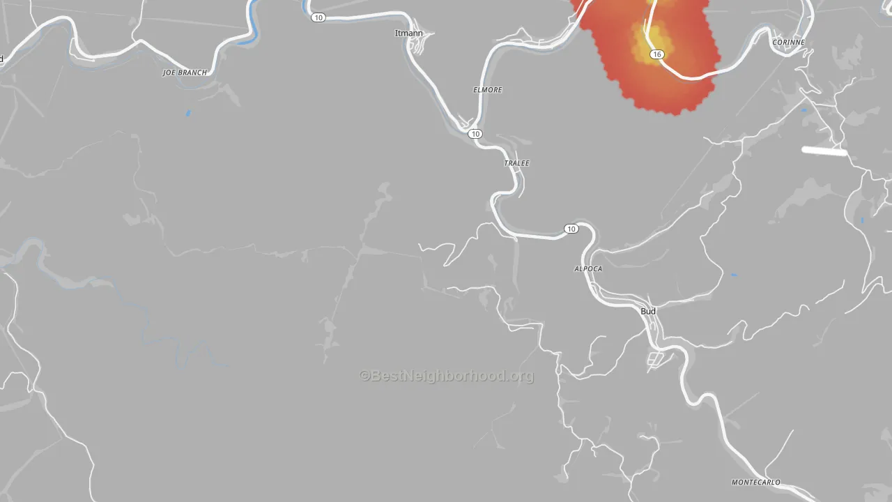 Walk Grade map of Alpoca, WV, walkable areas in green and car-dependent areas in red