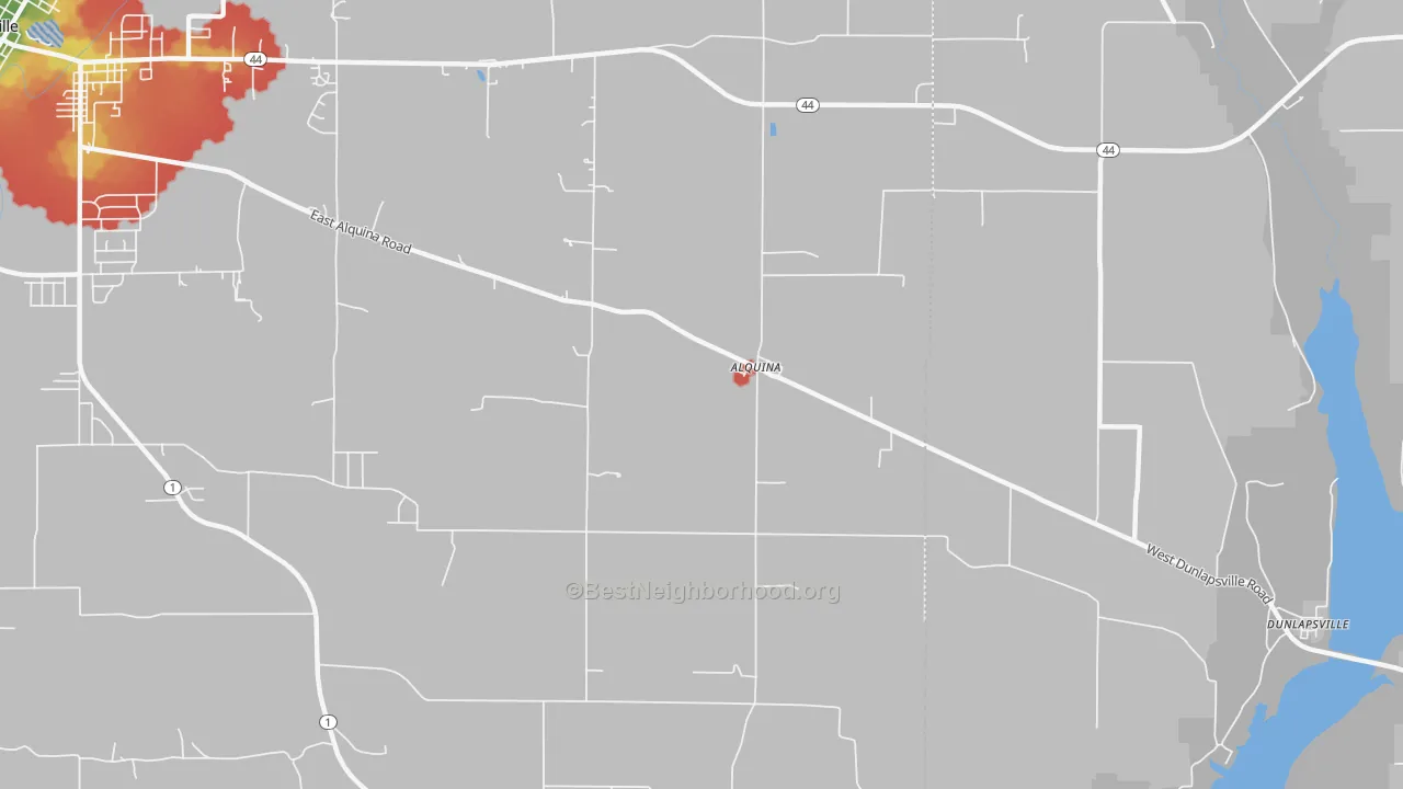Walk Grade map of Alquina, IN, walkable areas in green and car-dependent areas in red