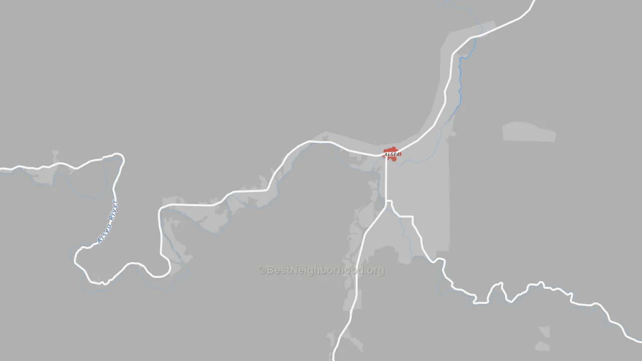 Walk Grade map of Alsea, OR, walkable areas in green and car-dependent areas in red