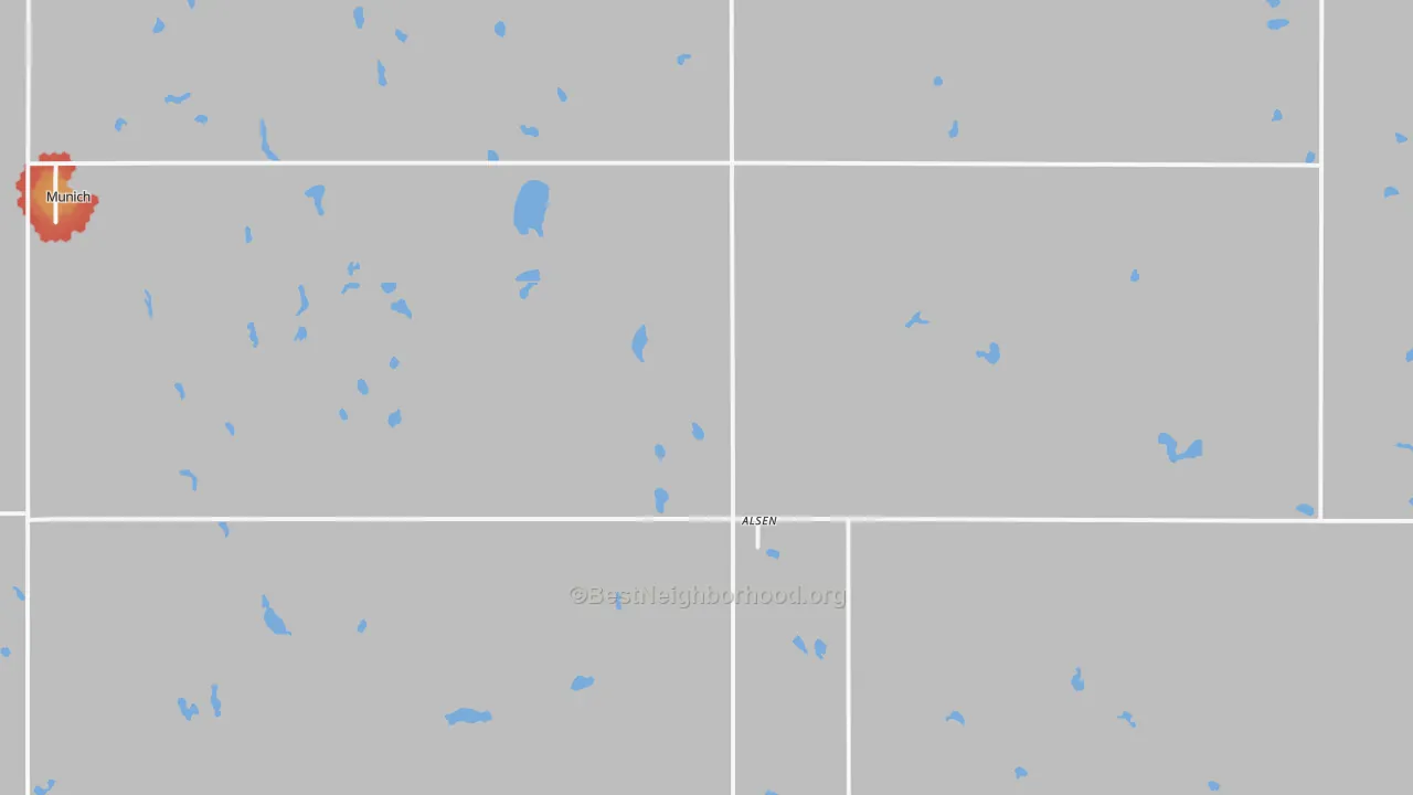Walk Grade map of Alsen, ND, walkable areas in green and car-dependent areas in red