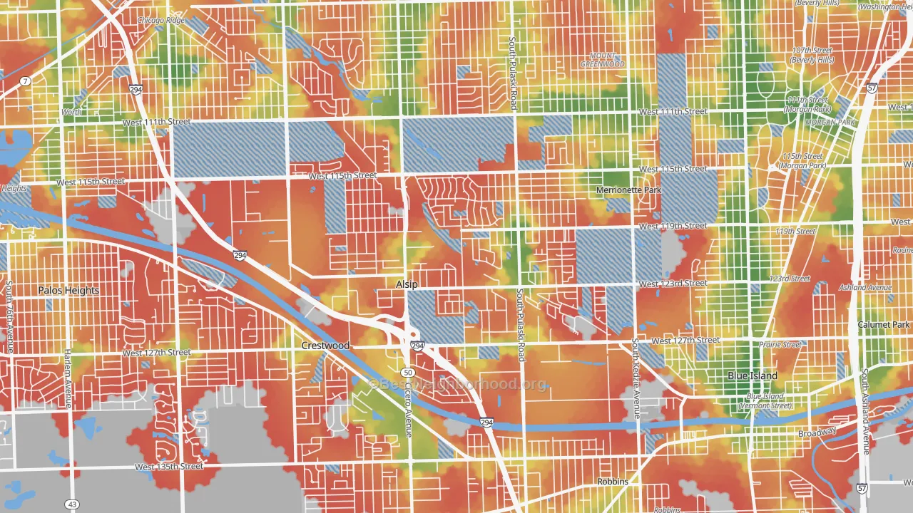 Walk Grade map of Alsip, IL, walkable areas in green and car-dependent areas in red