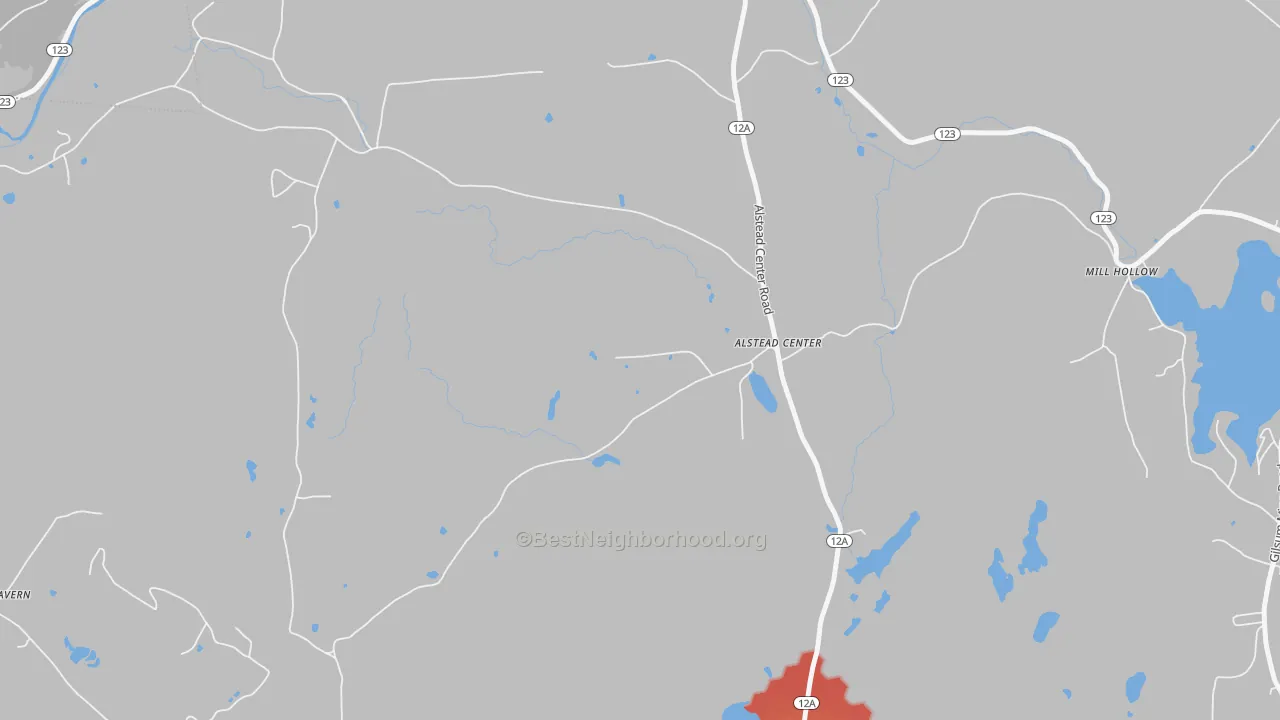 Walk Grade map of Alstead Center, NH, walkable areas in green and car-dependent areas in red