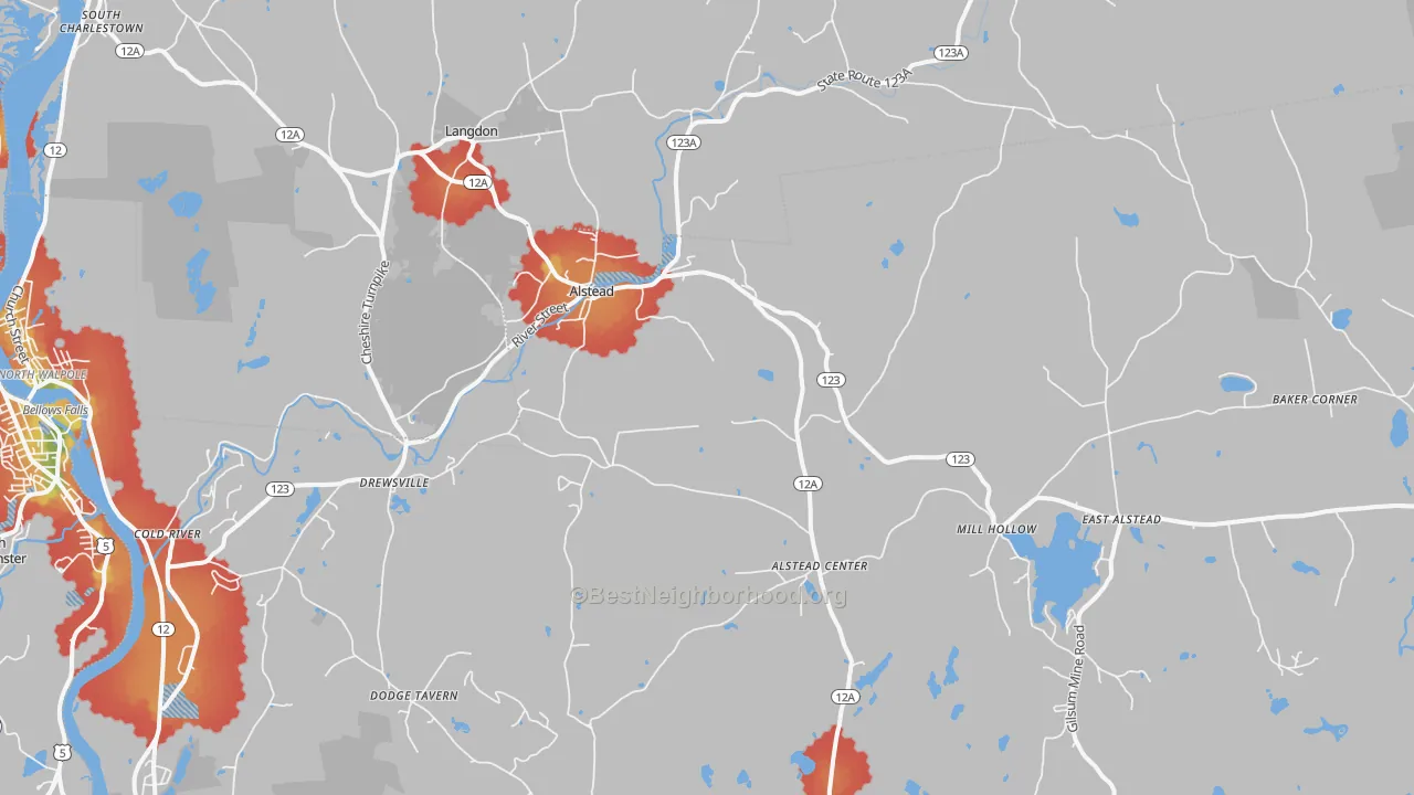 Walk Grade map of Alstead, NH, walkable areas in green and car-dependent areas in red