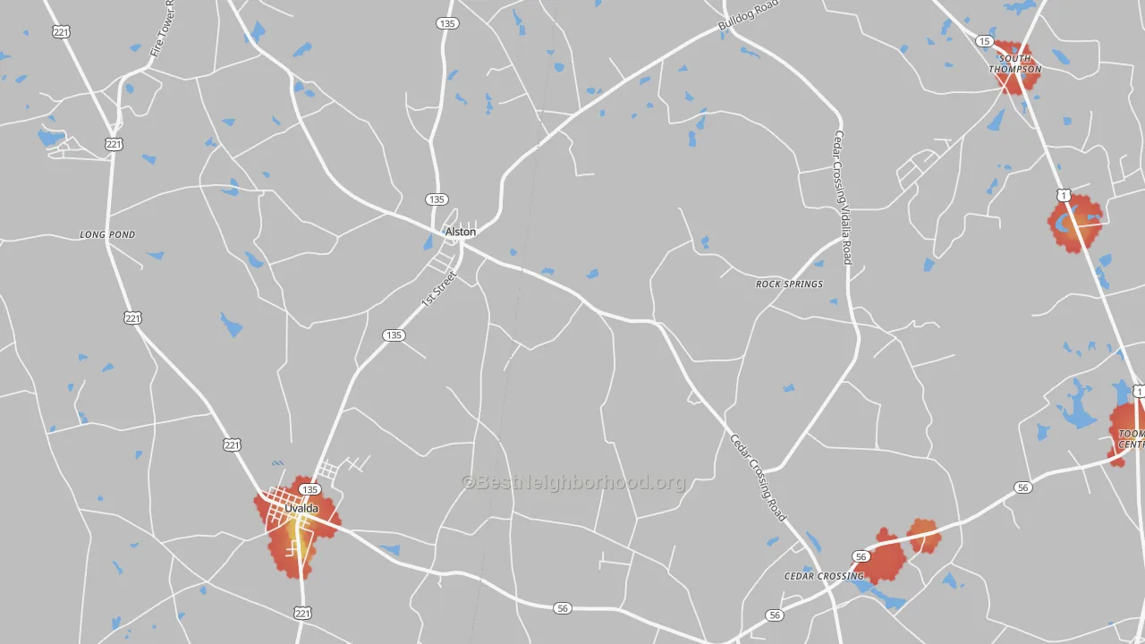 Walk Grade map of Alston, GA, walkable areas in green and car-dependent areas in red