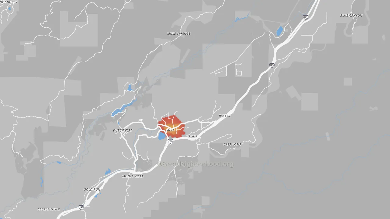 Walk Grade map of Alta, CA, walkable areas in green and car-dependent areas in red