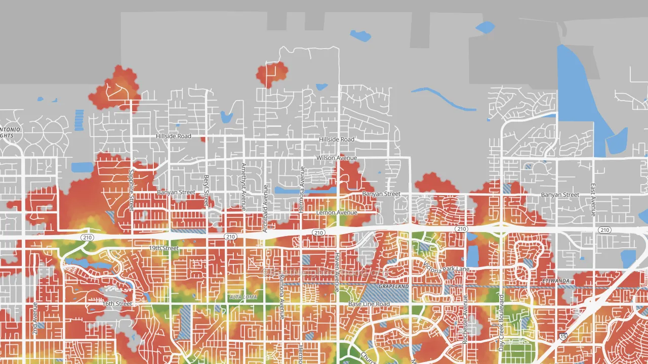 Walk Grade map of Alta Loma, CA, walkable areas in green and car-dependent areas in red