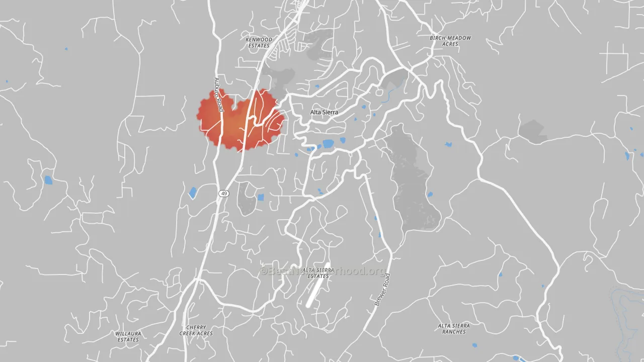 Walk Grade map of Alta Sierra, CA, walkable areas in green and car-dependent areas in red