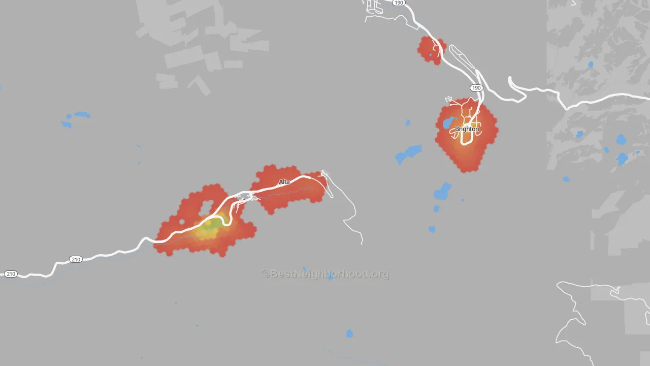 Walk Grade map of Alta, UT, walkable areas in green and car-dependent areas in red