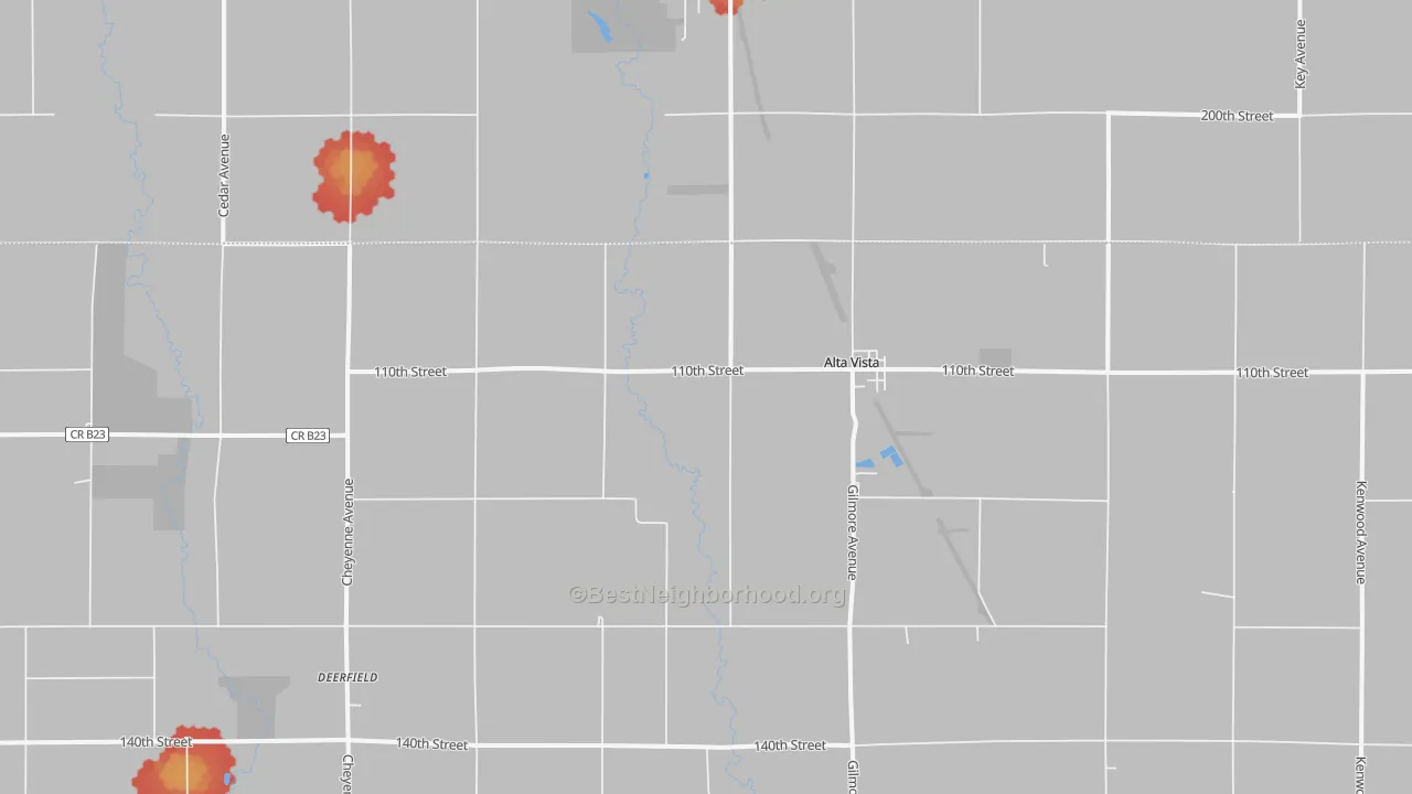 Walk Grade map of Alta Vista, IA, walkable areas in green and car-dependent areas in red