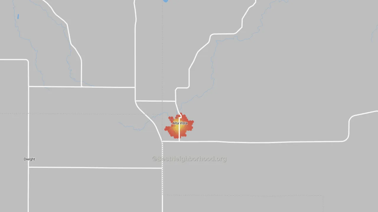 Walk Grade map of Alta Vista, KS, walkable areas in green and car-dependent areas in red