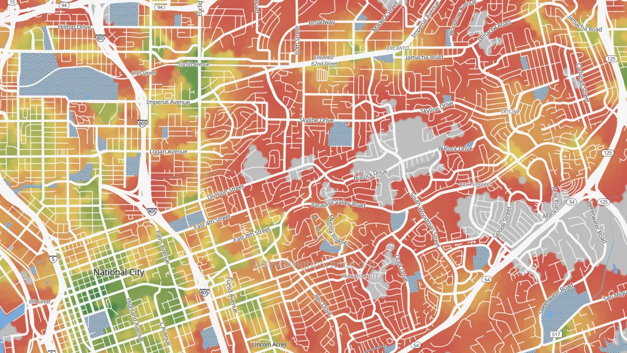 Walk Grade map of Alta Vista, San Diego, CA, walkable areas in green and car-dependent areas in red