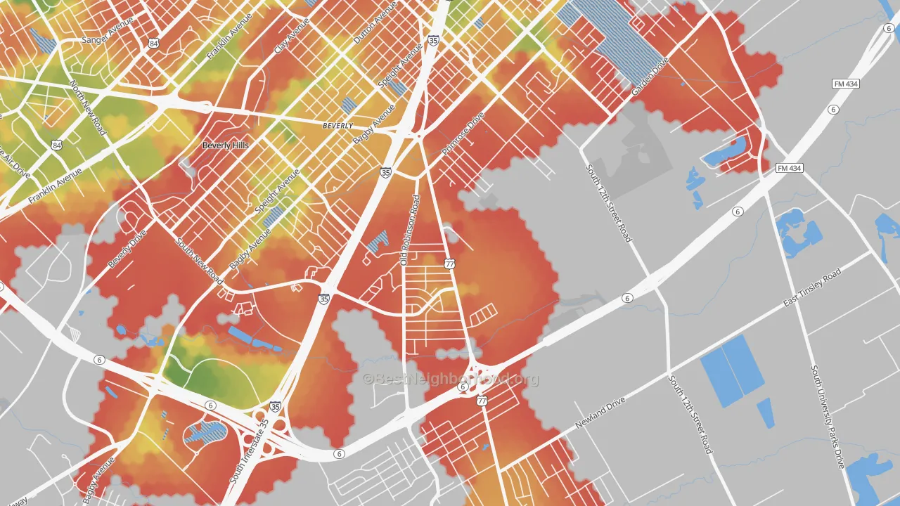 Walk Grade map of Alta Vista-Waco, Waco, TX, walkable areas in green and car-dependent areas in red