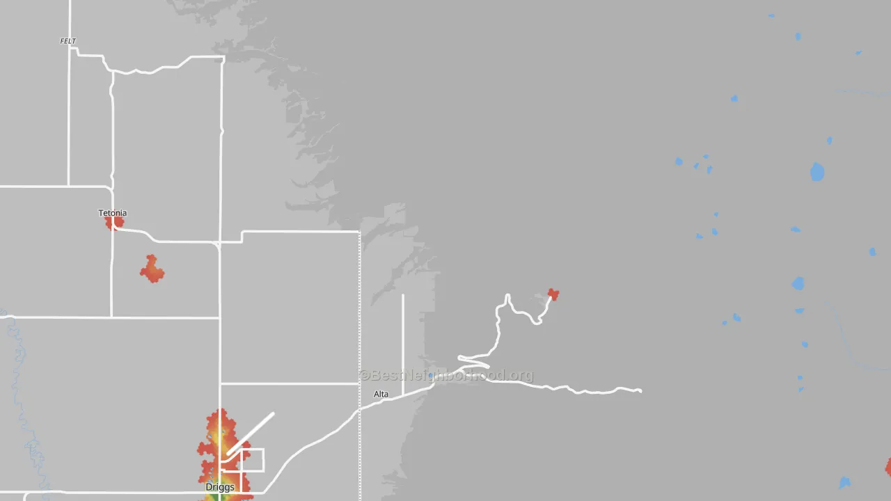 Walk Grade map of Alta, WY, walkable areas in green and car-dependent areas in red