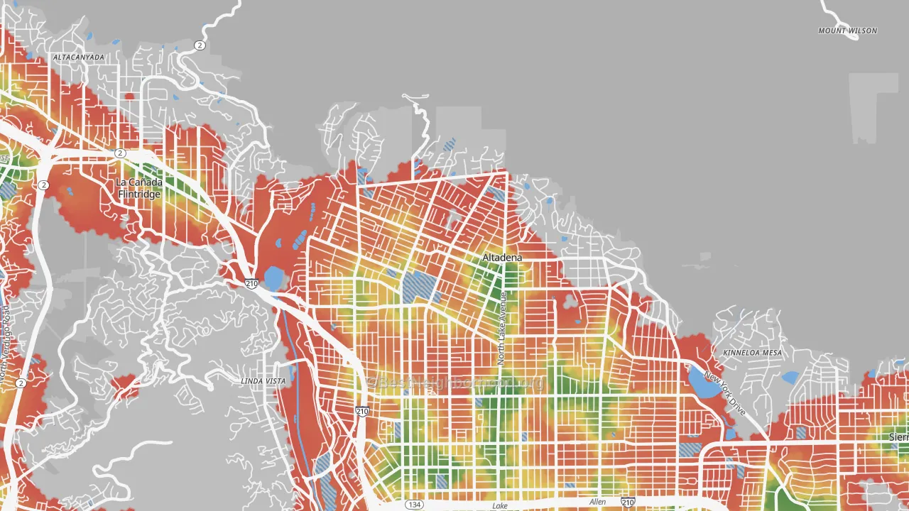 Walk Grade map of Altadena, CA, walkable areas in green and car-dependent areas in red