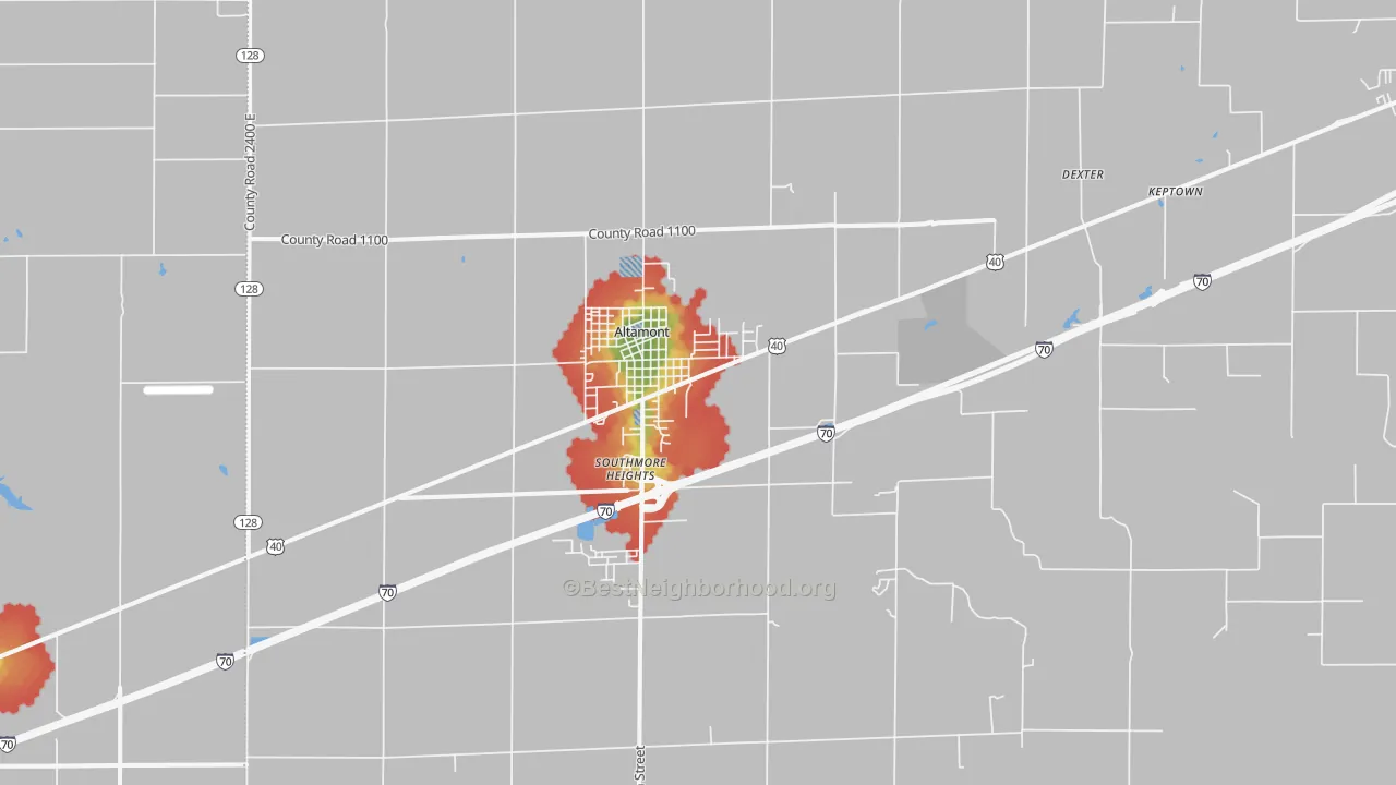 Walk Grade map of Altamont, IL, walkable areas in green and car-dependent areas in red