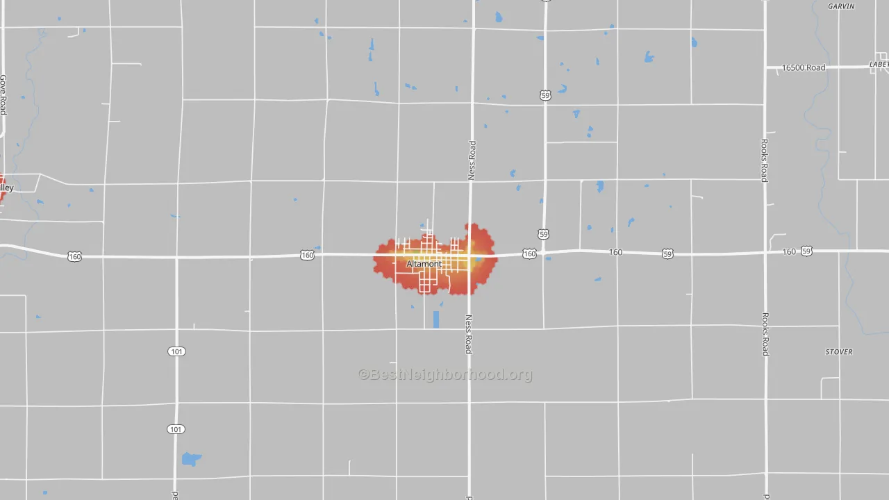 Walk Grade map of Altamont, KS, walkable areas in green and car-dependent areas in red