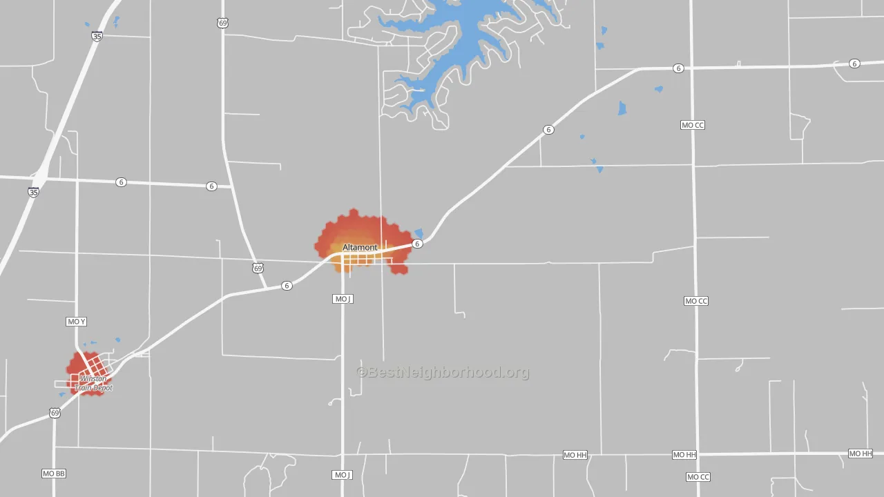 Walk Grade map of Altamont, MO, walkable areas in green and car-dependent areas in red