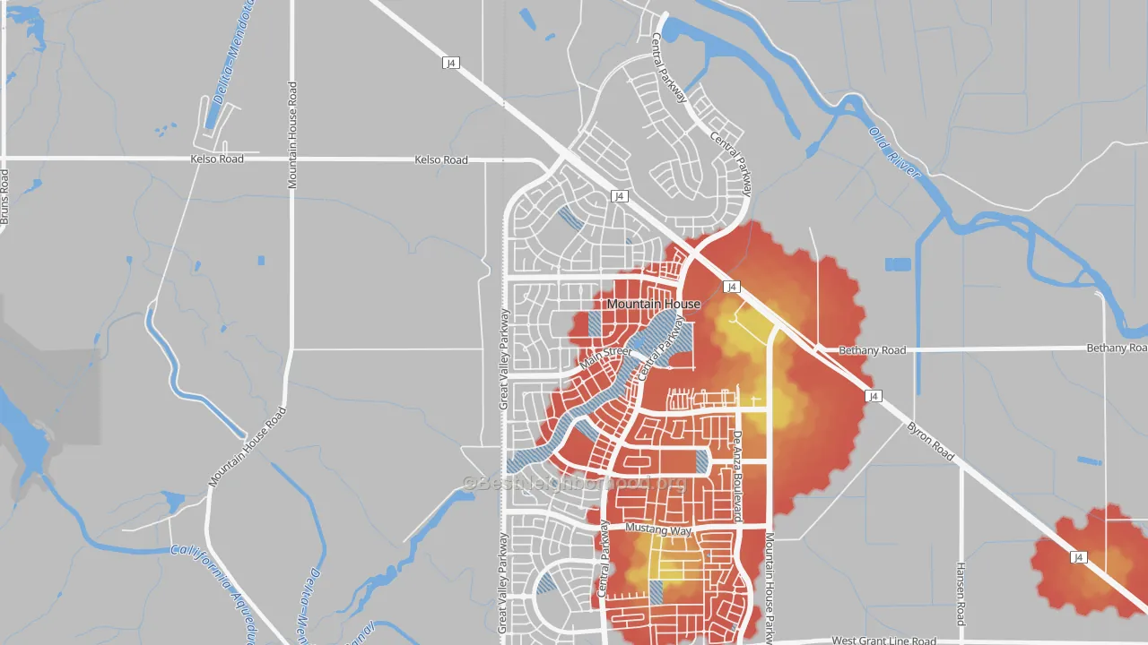 Walk Grade map of Altamont, Mountain House, CA, walkable areas in green and car-dependent areas in red