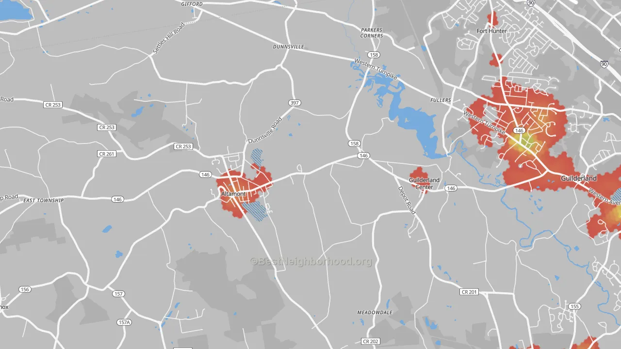 Walk Grade map of Altamont, NY, walkable areas in green and car-dependent areas in red