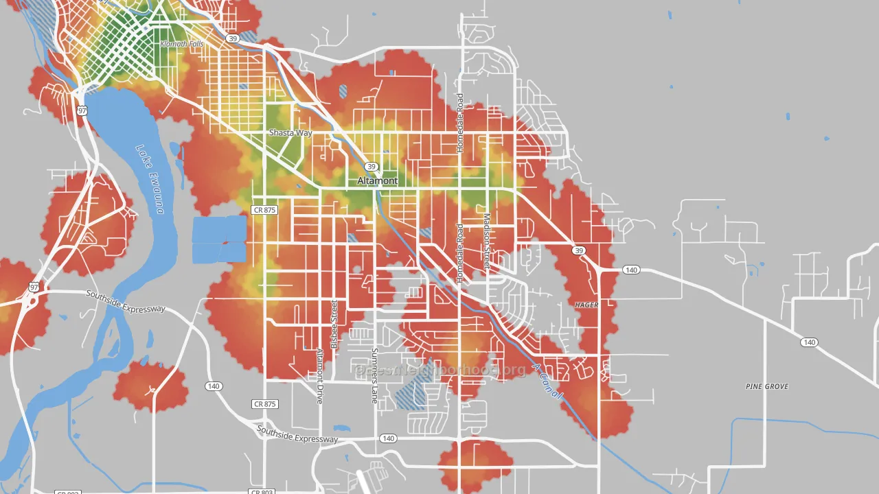 Walk Grade map of Altamont, OR, walkable areas in green and car-dependent areas in red