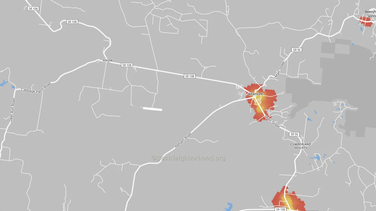 Walk Grade map of Altamont, TN, walkable areas in green and car-dependent areas in red