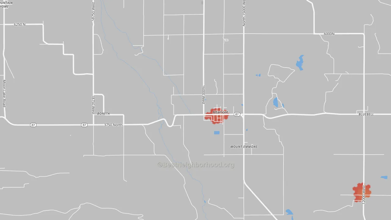 Walk Grade map of Altamont, UT, walkable areas in green and car-dependent areas in red