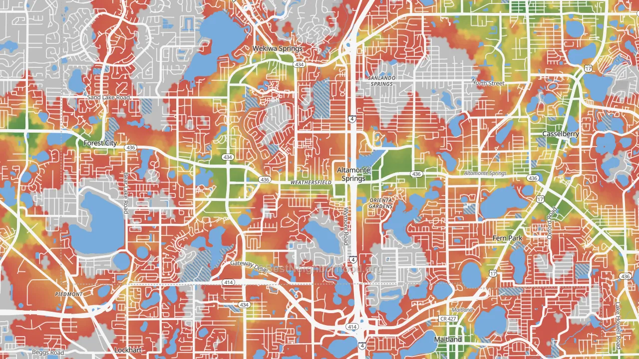 Walk Grade map of Altamonte Springs, FL, walkable areas in green and car-dependent areas in red