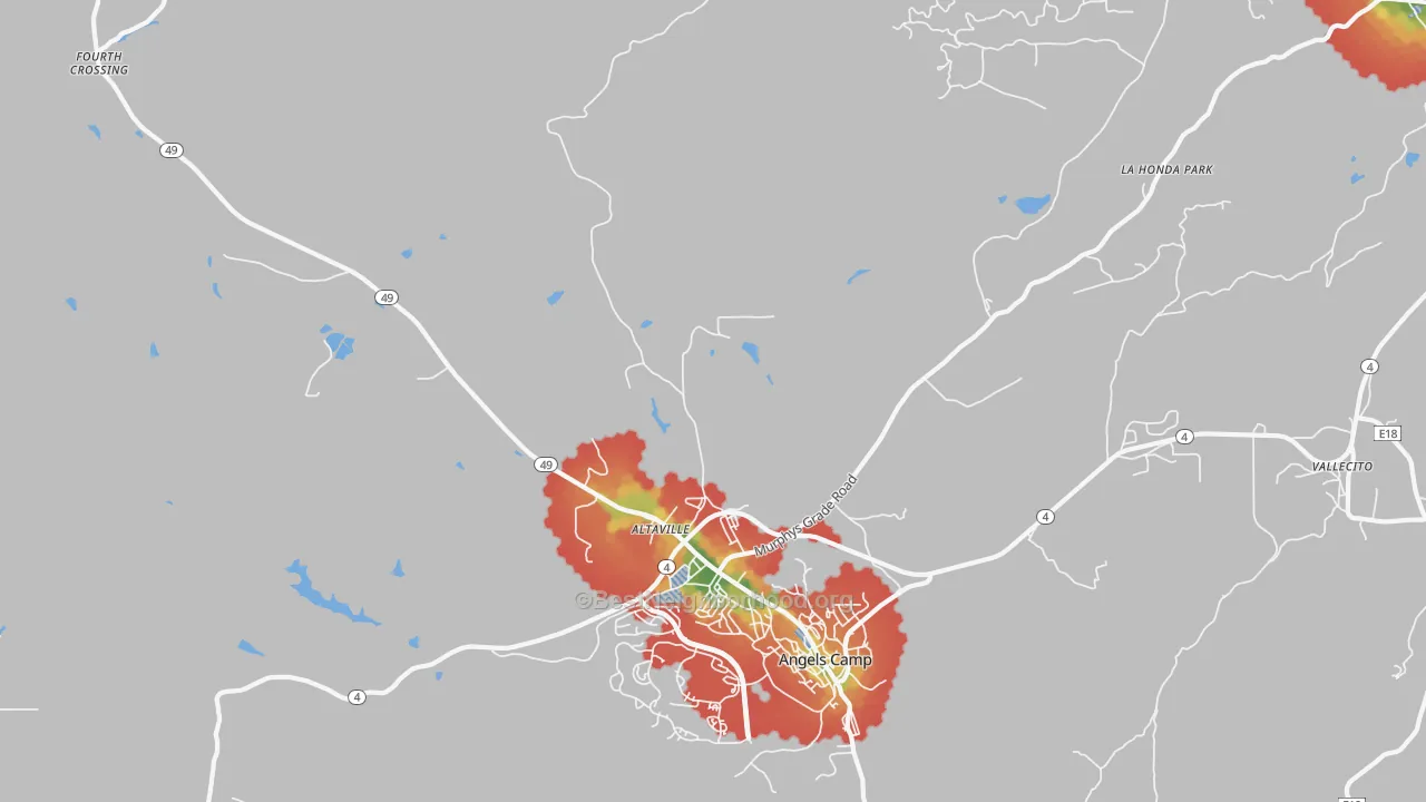 Walk Grade map of Altaville, CA, walkable areas in green and car-dependent areas in red