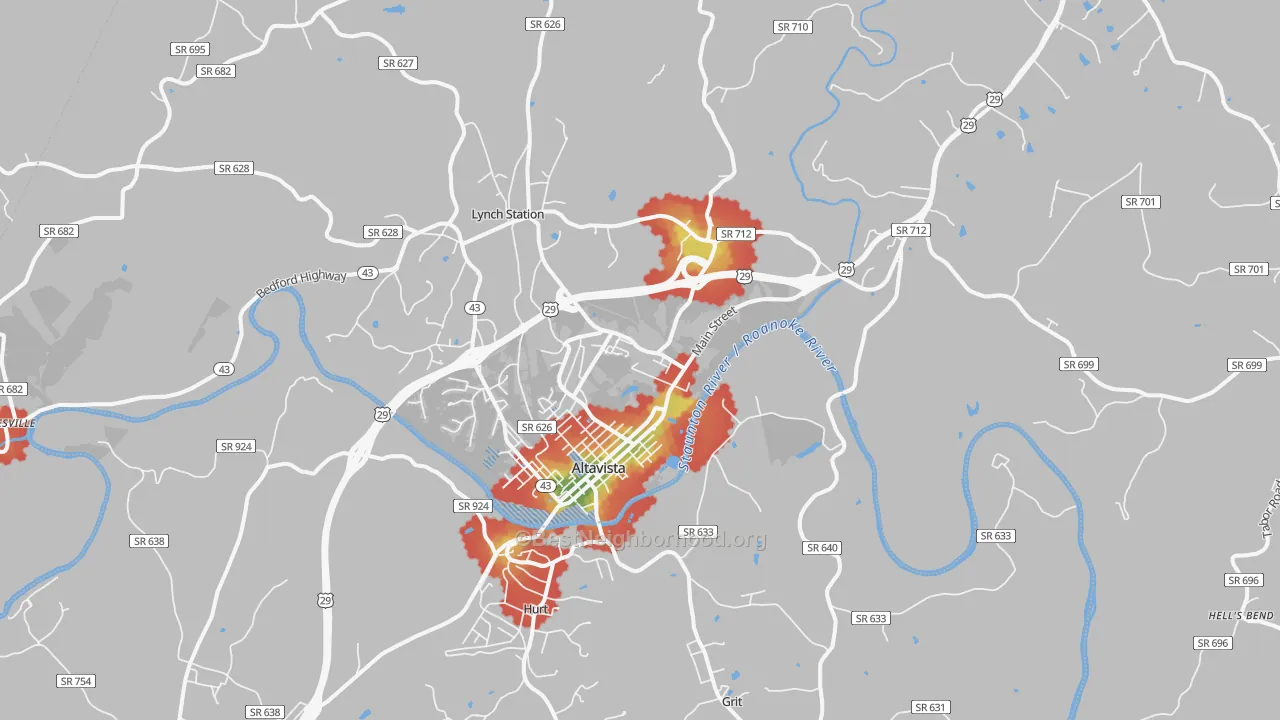 Walk Grade map of Altavista, VA, walkable areas in green and car-dependent areas in red