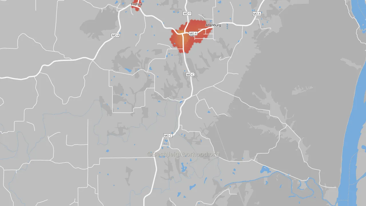 Walk Grade map of Altenburg, MO, walkable areas in green and car-dependent areas in red