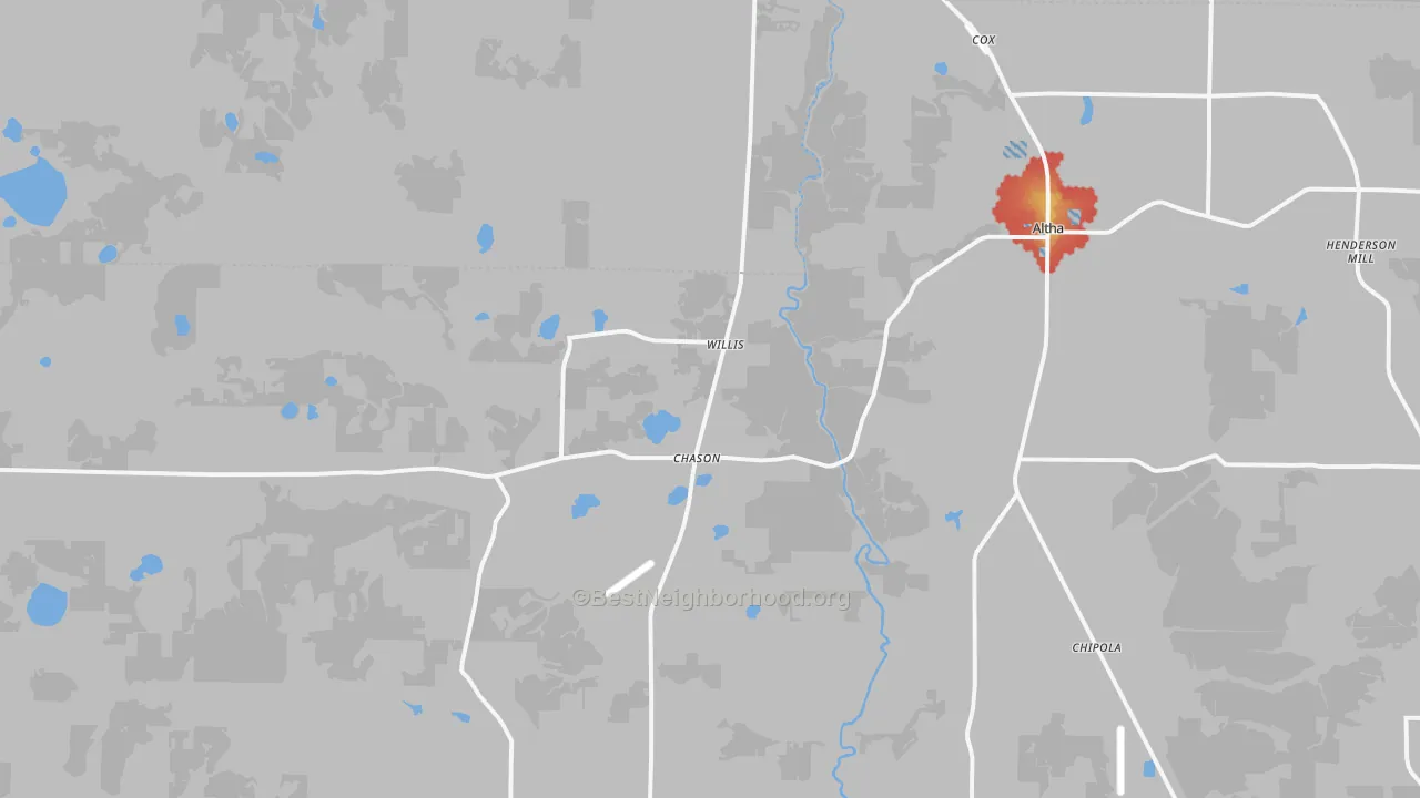 Walk Grade map of Altha, FL, walkable areas in green and car-dependent areas in red