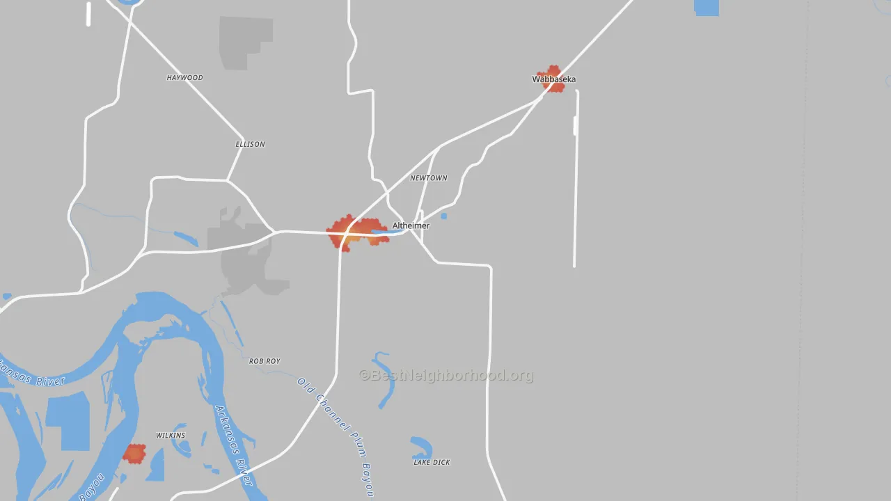 Walk Grade map of Altheimer, AR, walkable areas in green and car-dependent areas in red