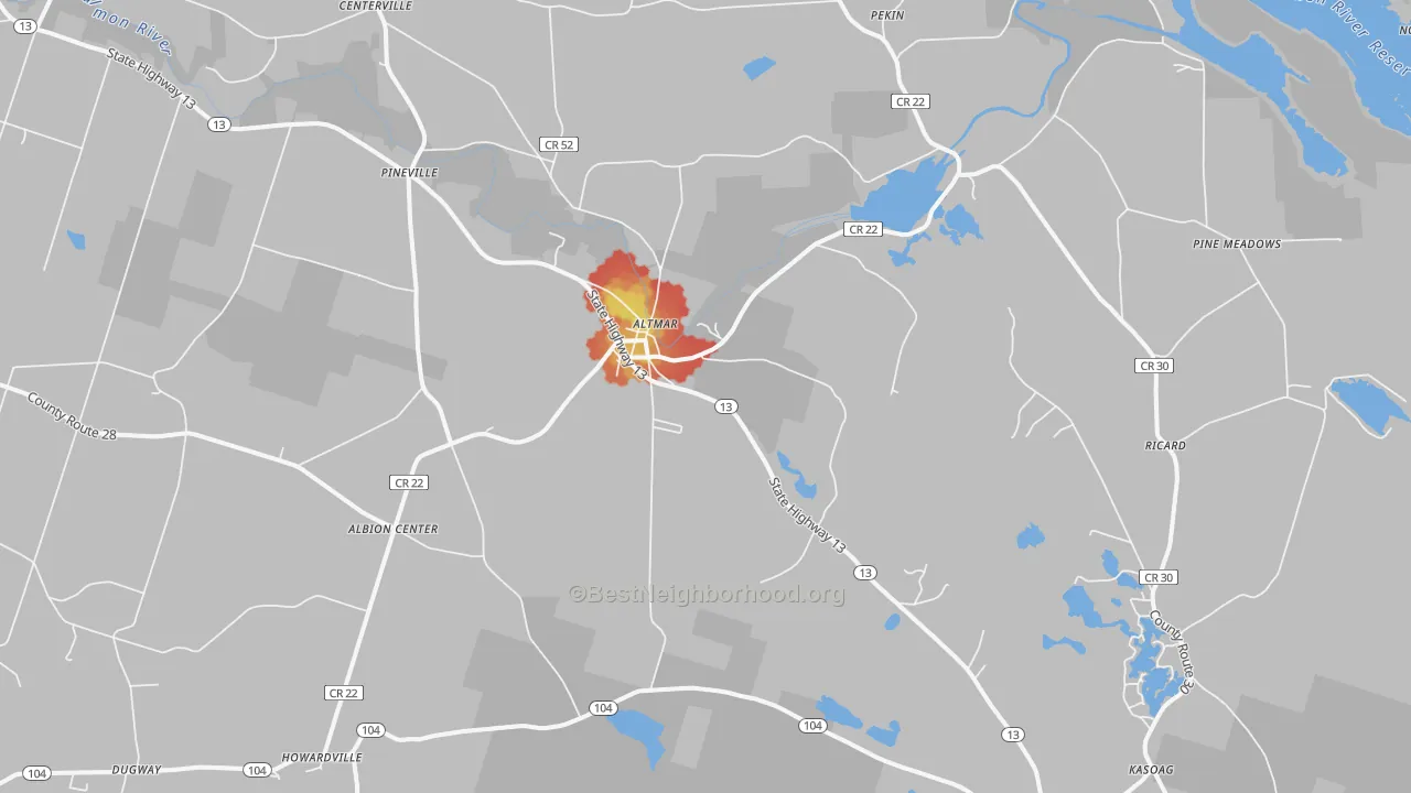 Walk Grade map of Altmar, NY, walkable areas in green and car-dependent areas in red