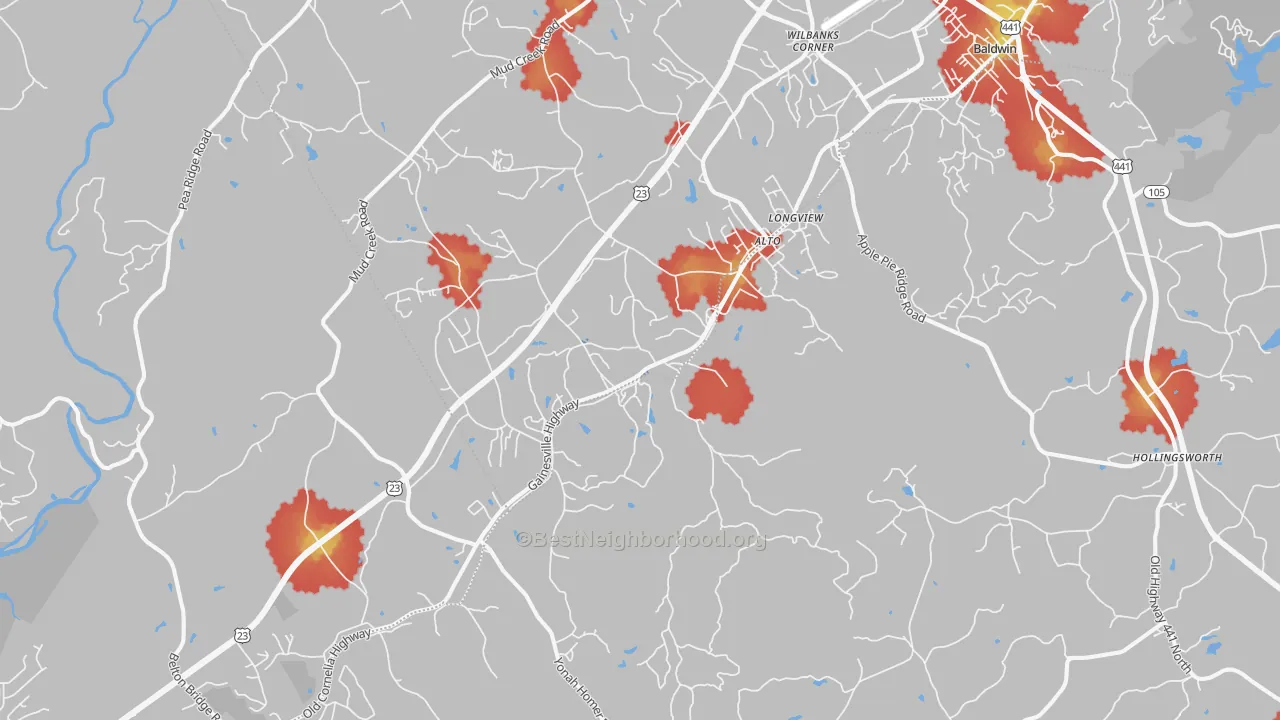 Walk Grade map of Alto, GA, walkable areas in green and car-dependent areas in red