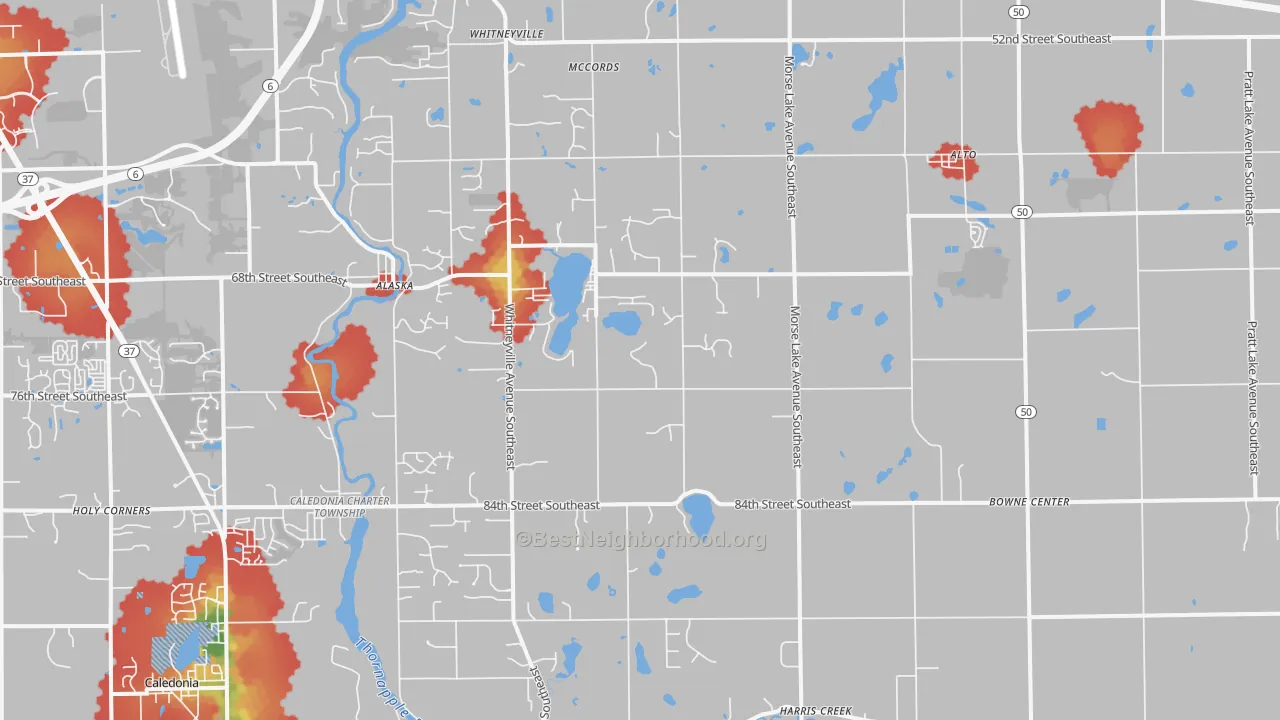 Walk Grade map of Alto, MI, walkable areas in green and car-dependent areas in red