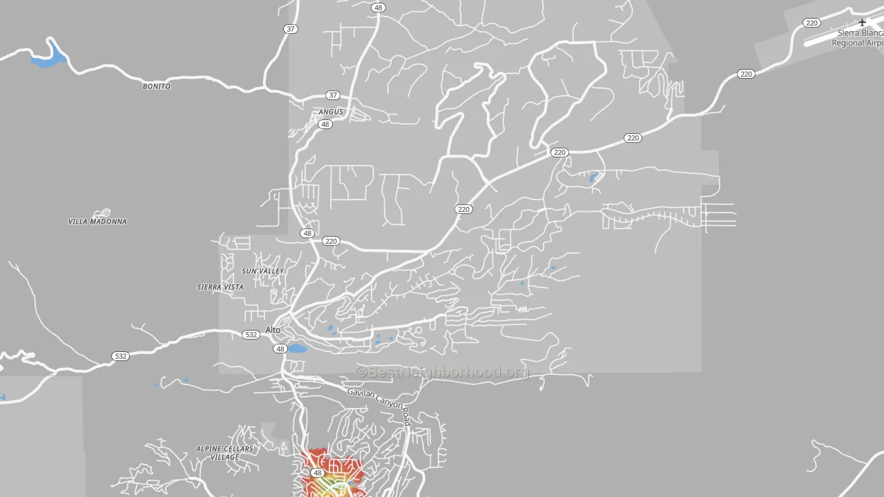 Walk Grade map of Alto, NM, walkable areas in green and car-dependent areas in red