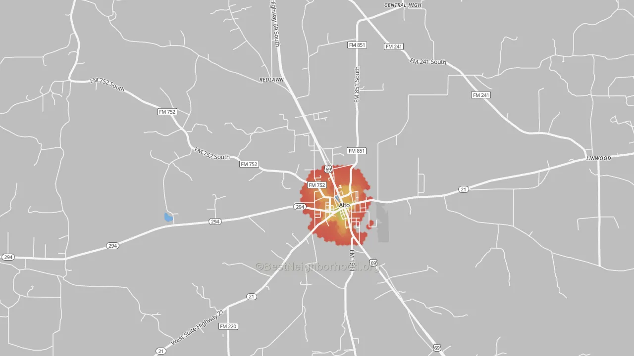 Walk Grade map of Alto, TX, walkable areas in green and car-dependent areas in red