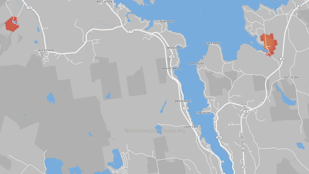 Walk Grade map of Alton Bay, NH, walkable areas in green and car-dependent areas in red
