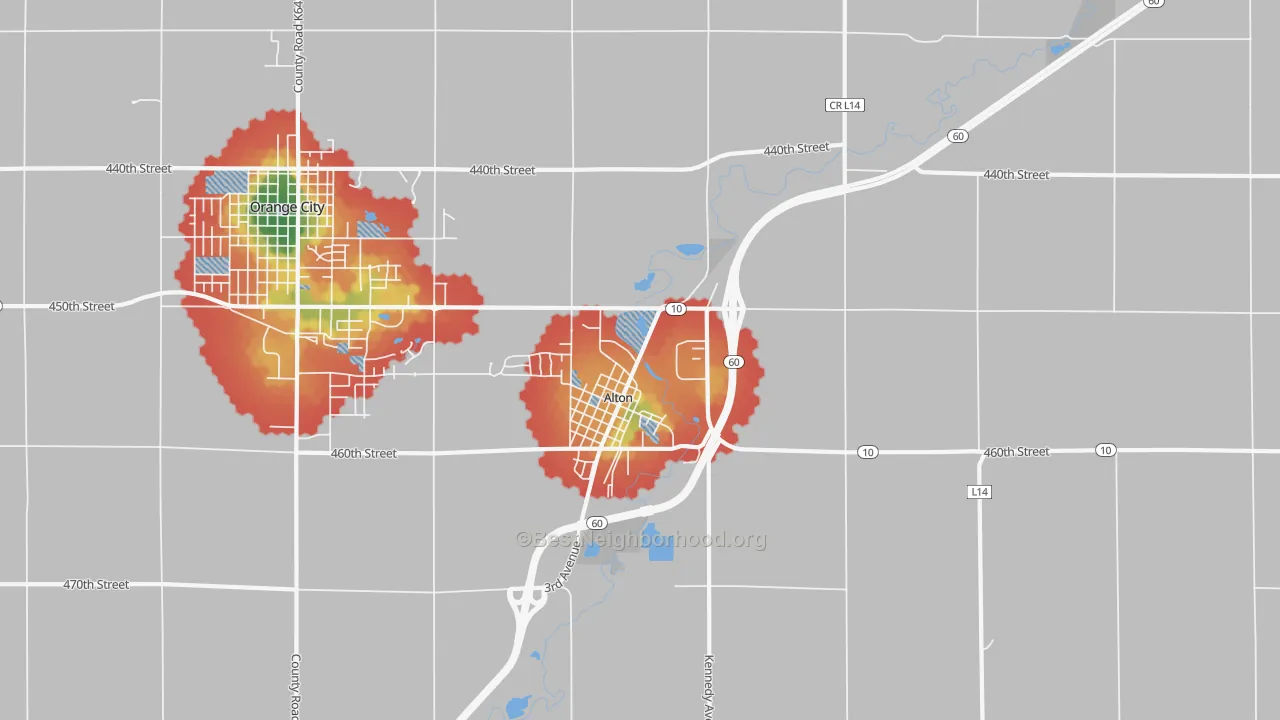 Walk Grade map of Alton, IA, walkable areas in green and car-dependent areas in red