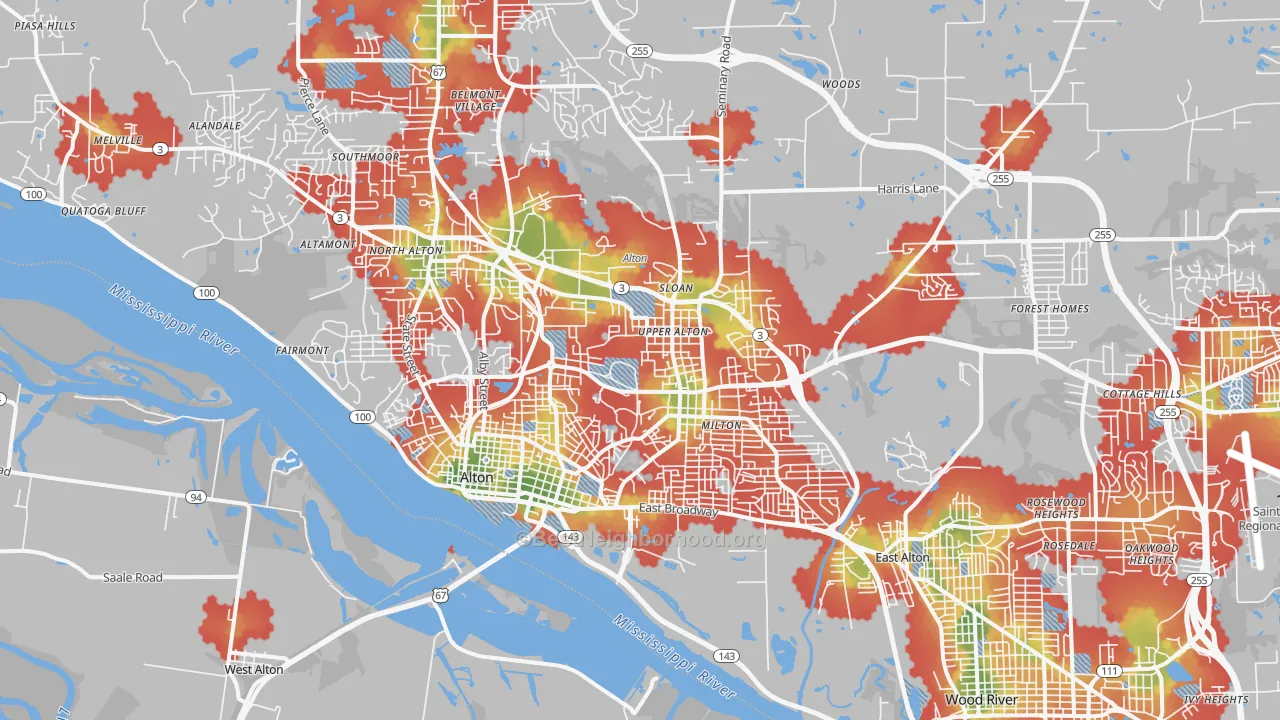 Walk Grade map of Alton, IL, walkable areas in green and car-dependent areas in red