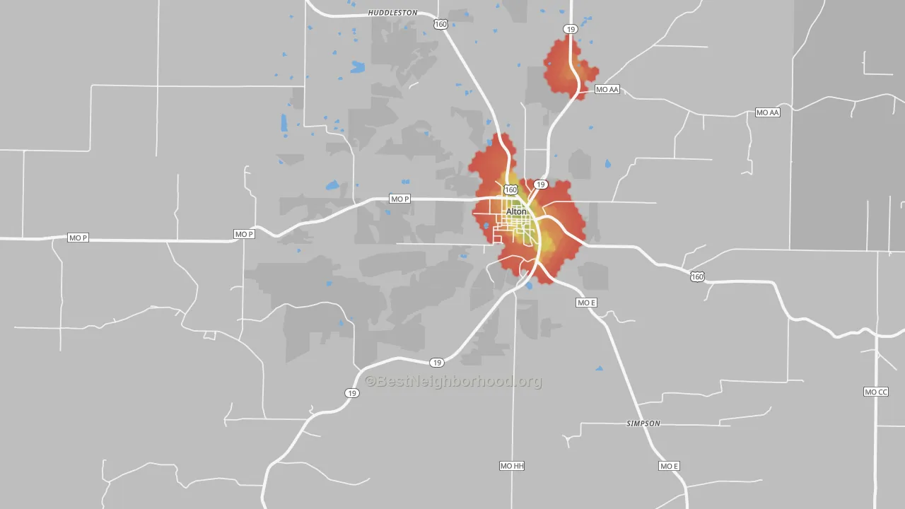 Walk Grade map of Alton, MO, walkable areas in green and car-dependent areas in red