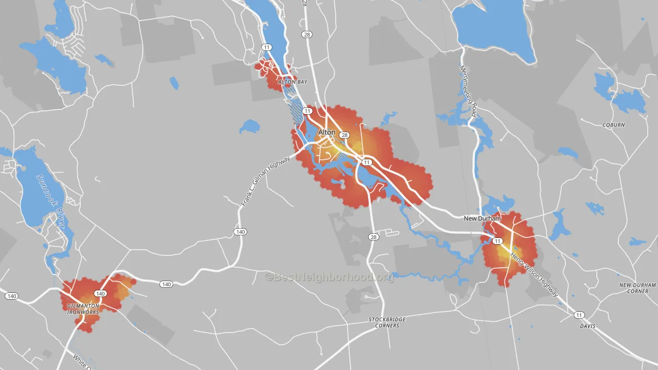 Walk Grade map of Alton, NH, walkable areas in green and car-dependent areas in red