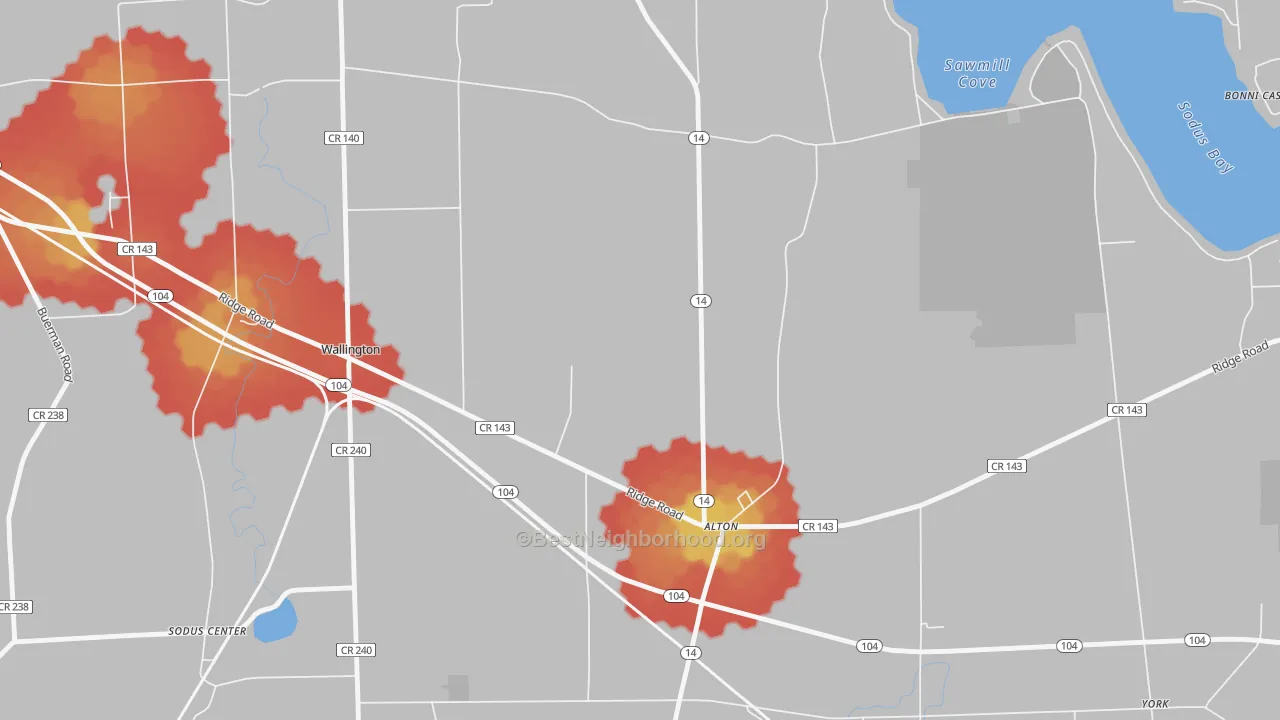 Walk Grade map of Alton, NY, walkable areas in green and car-dependent areas in red